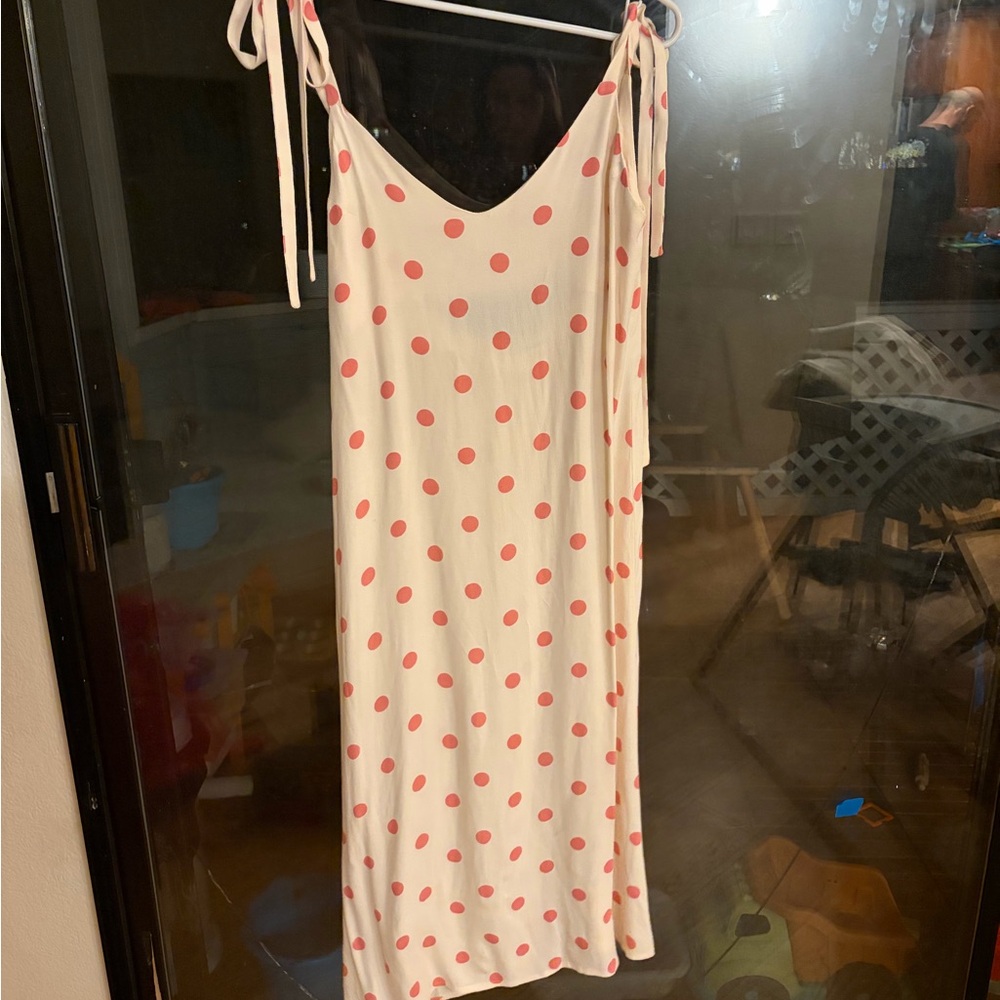Reformation Cream Slip Dress with Pink Polka Dots